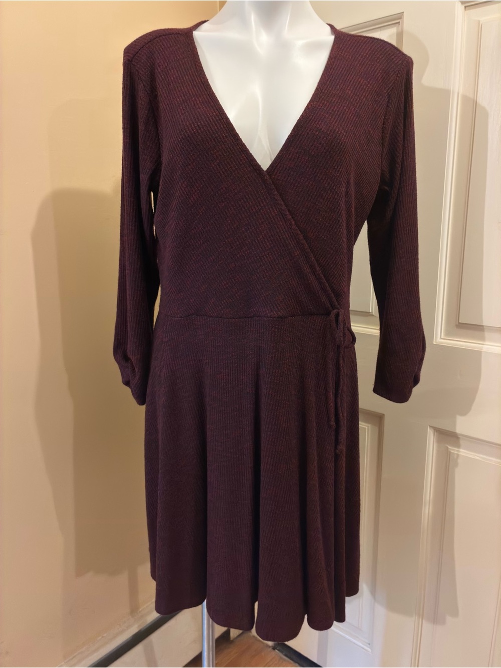 Maurices Ribbed Knit Long Sleeve Faux-Wrap Dress Burgundy Size XL